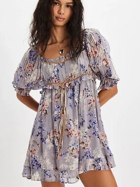 Free People Lavender Floral Puff-Sleeve Mini Dress